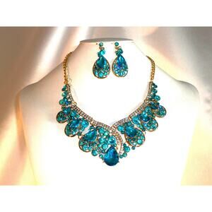 Teal aqua blue rhinestone necklace, wedding MOB prom evening drag queen necklace